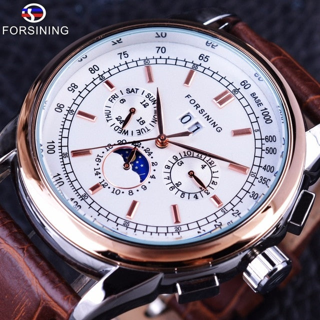 Forsining Moon Phase Shanghai Movement Rose Gold Case Brown Genuine Leather Strap Mens Watches Top Brand Luxury Auotmatic Watch